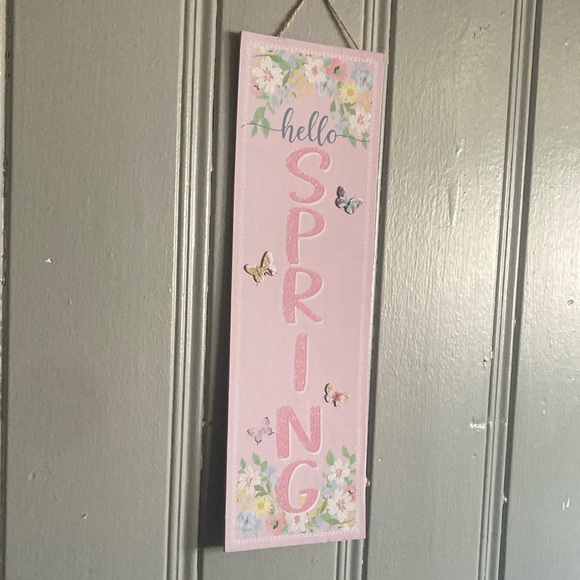 NWT- Glittered- Vertical- Hello Spring- Pink Floral Butterflies 🦋 Decor Sign - Picture 7 of 17